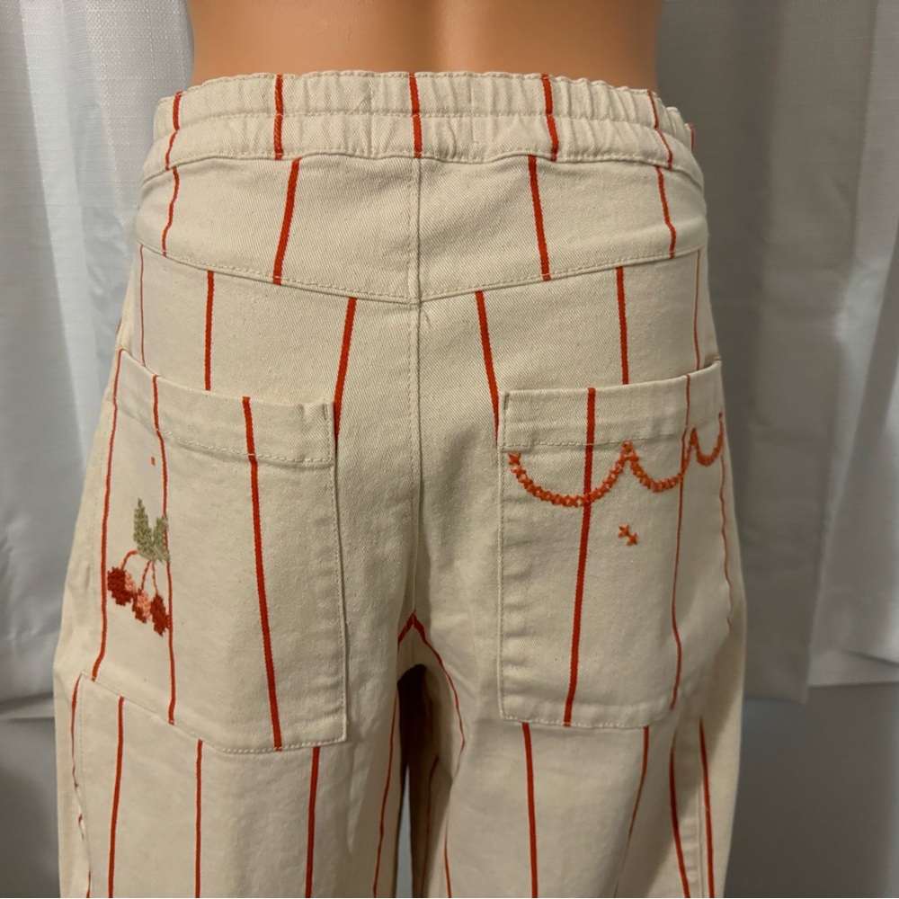 Cool Pilcro Anthropologie size M cream red stripe embroidered wide leg pants - Picture 6 of 6